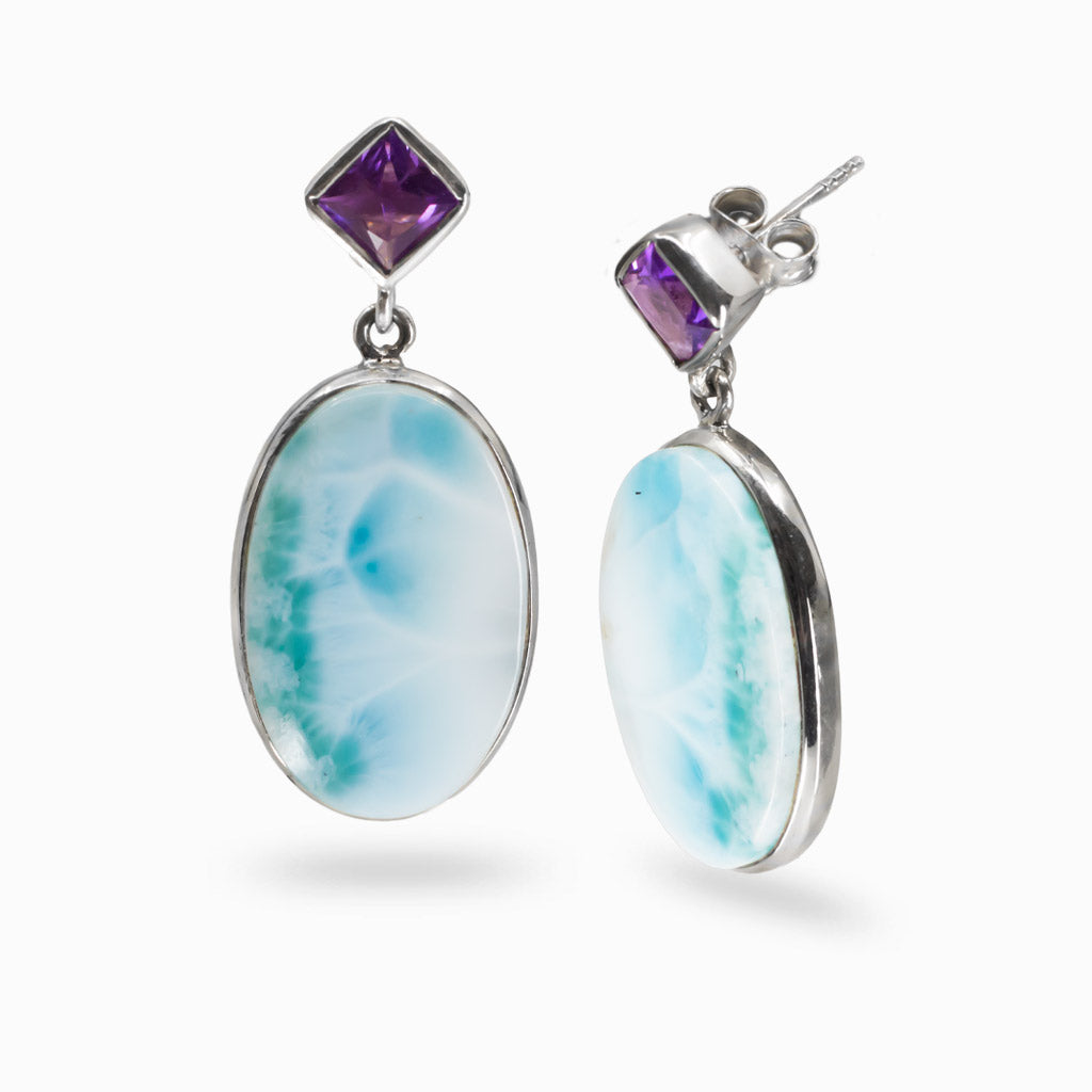LARIMAR OVAL AND AMETHYST FACETED STUD DROP STERLING SILVER | MADE IN EARTH 