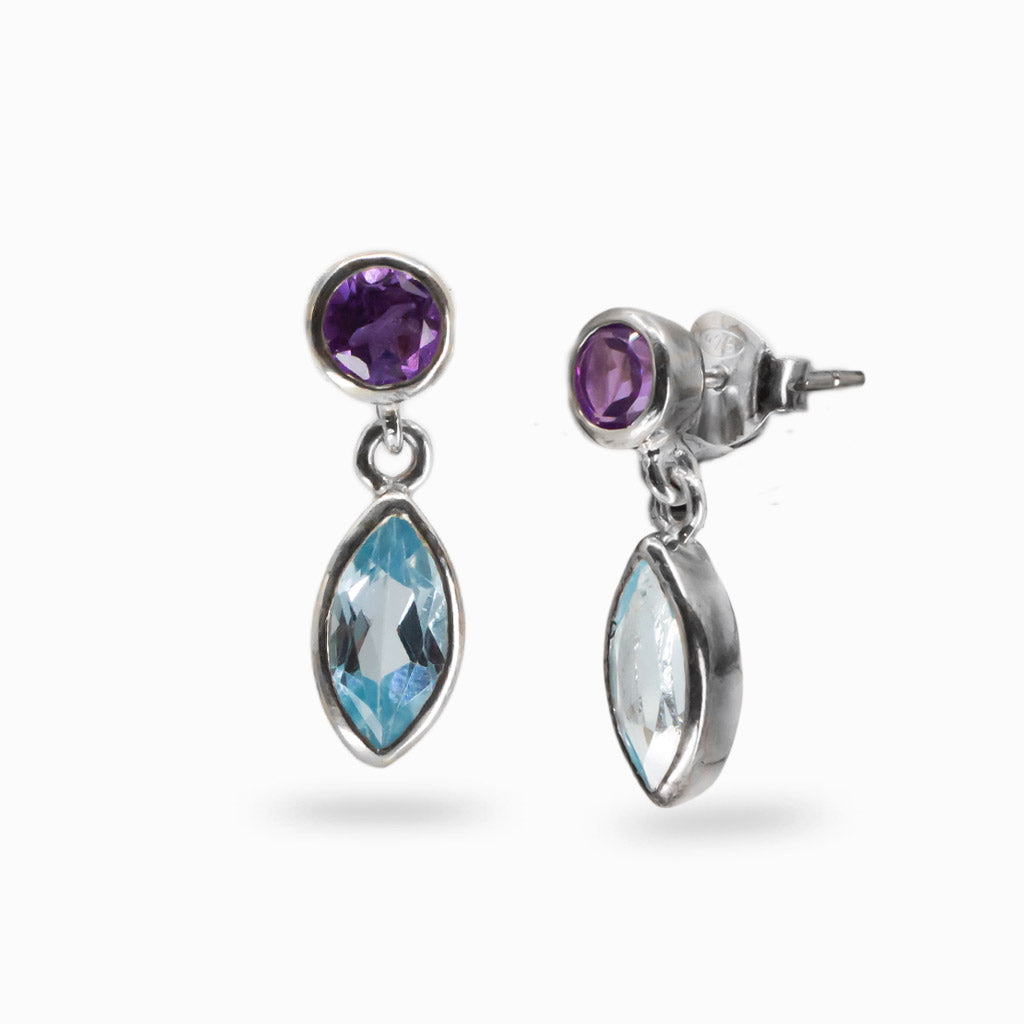 FACETED AMETHYST ROUND AND BLUE TOPAZ STUD DROP EARRINGS STERLING SILVER | MADE IN EARTH 