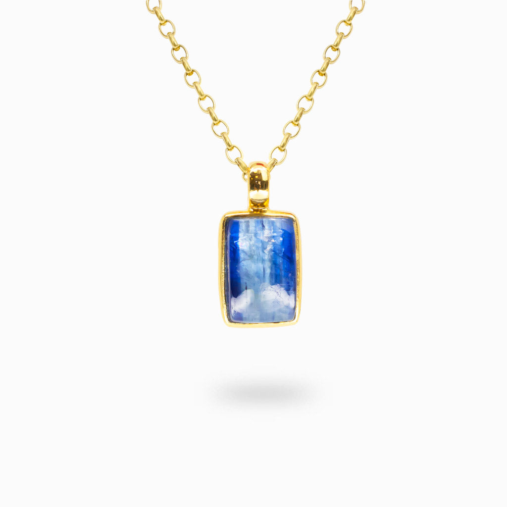 Rectangle Blue Kyanite pendant with polished 14K gold vermeil bezel over sterling silver.