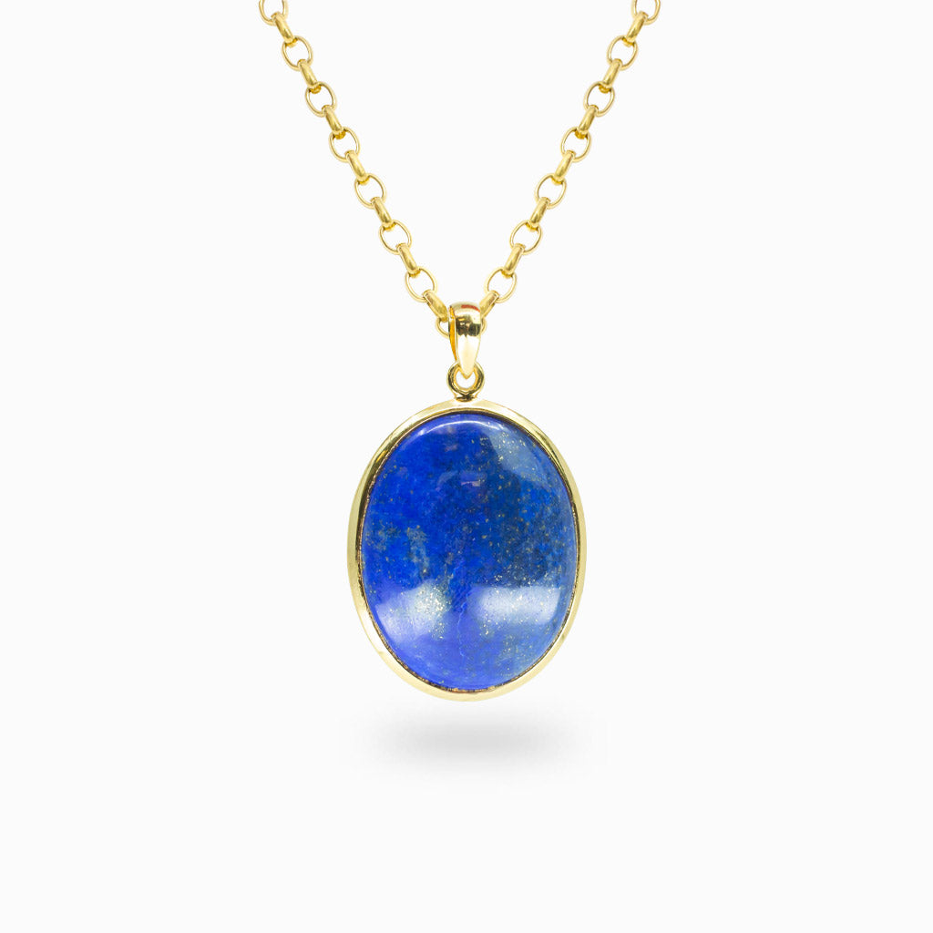 Oval Lapis Lazuli cabochon pendant in polished 14K gold vermeil over sterling silver.
