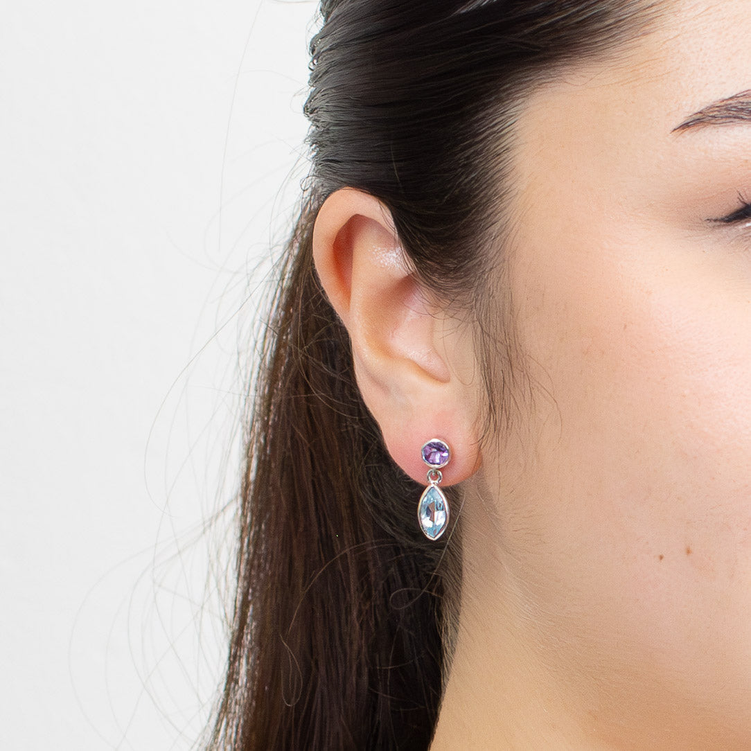 FACETED AMETHYST ROUND AND BLUE TOPAZ STUD DROP EARRINGS STERLING SILVER | MADE IN EARTH 