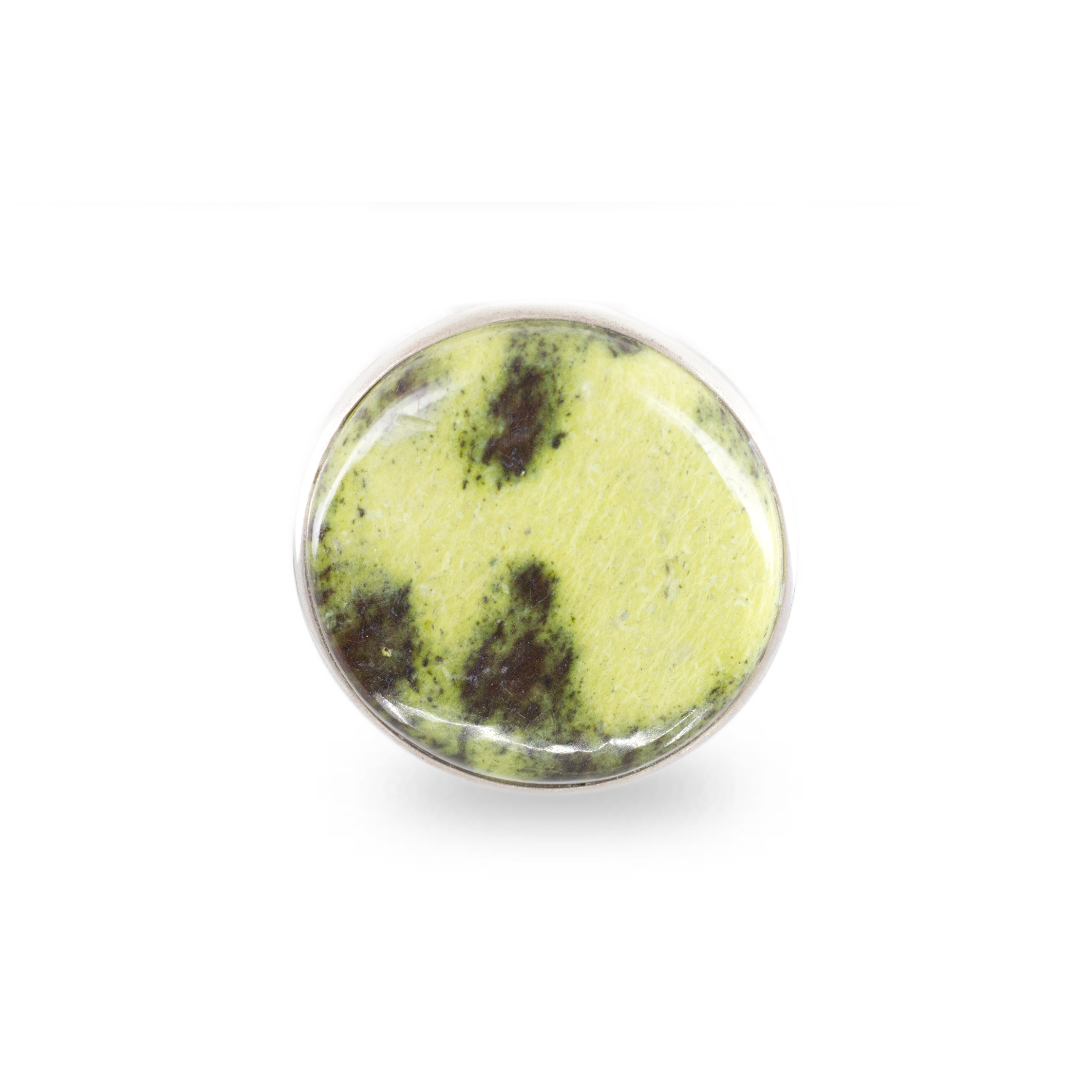 Serpentine gemstone ring with light green stone and natural dark inclusions set in silver