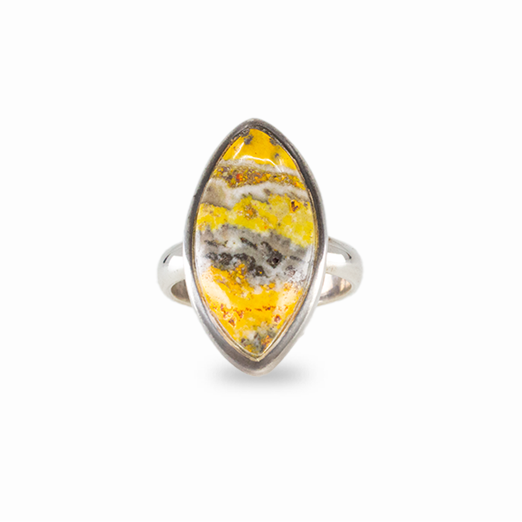 Marquise bumble bee jasper ring with yellow and gray banded gemstone set in silver