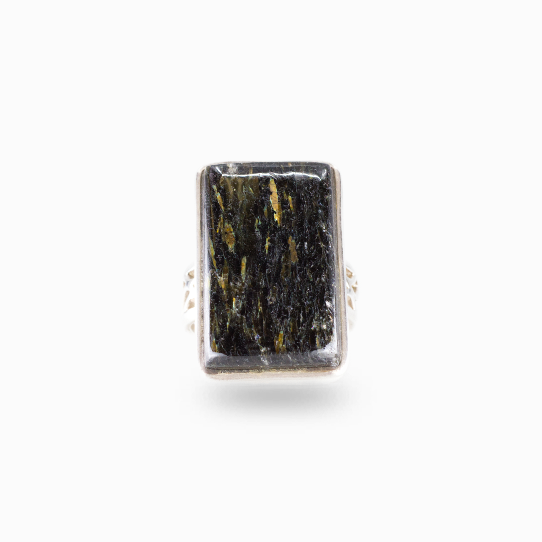Nuummite ring with dark iridescent stone set in sterling silver bezel