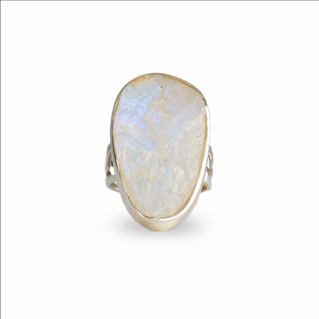 Raw rainbow moonstone ring with white stone and blue flash set in silver