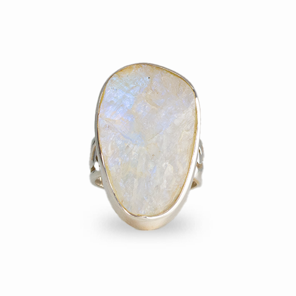 Raw rainbow moonstone ring with white stone and blue flash set in silver