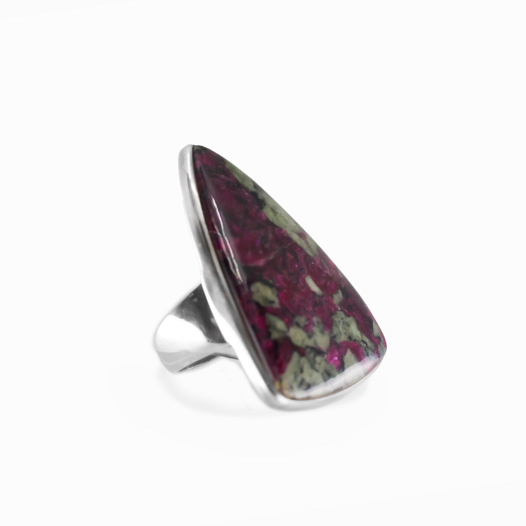 Eudialyte triangular cabochon ring in polished sterling silver with vivid raspberry pink, green and dark natural mineral patterning.