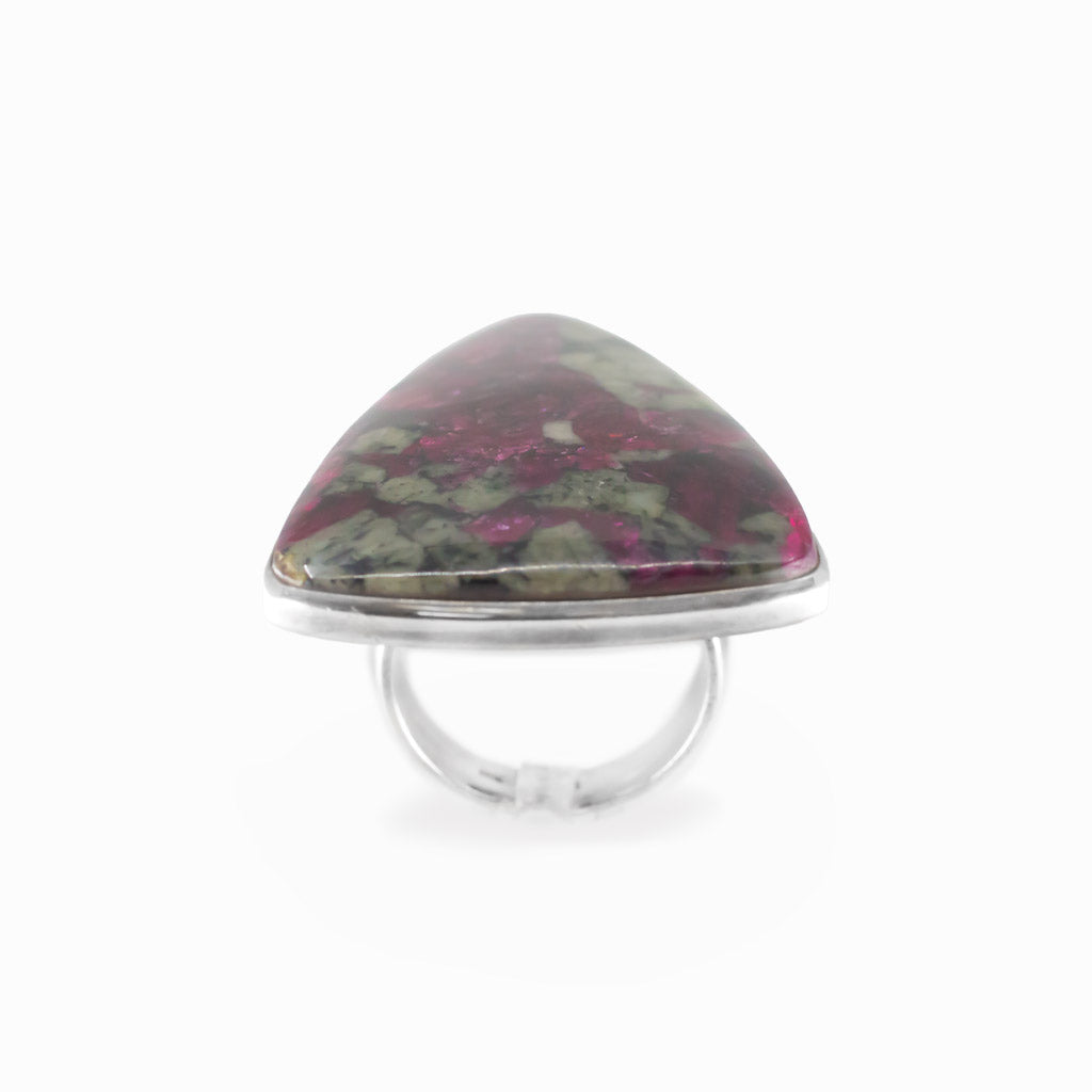 Eudialyte triangular cabochon ring in polished sterling silver with vivid raspberry pink, green and dark natural mineral patterning.