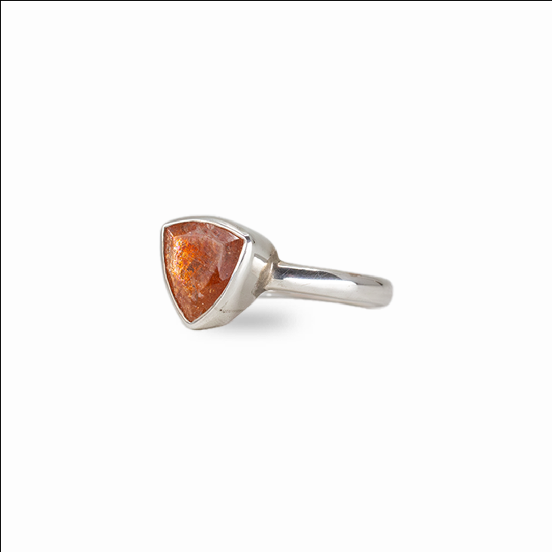 Triangle sunstone ring with warm golden shimmer set in sterling silver