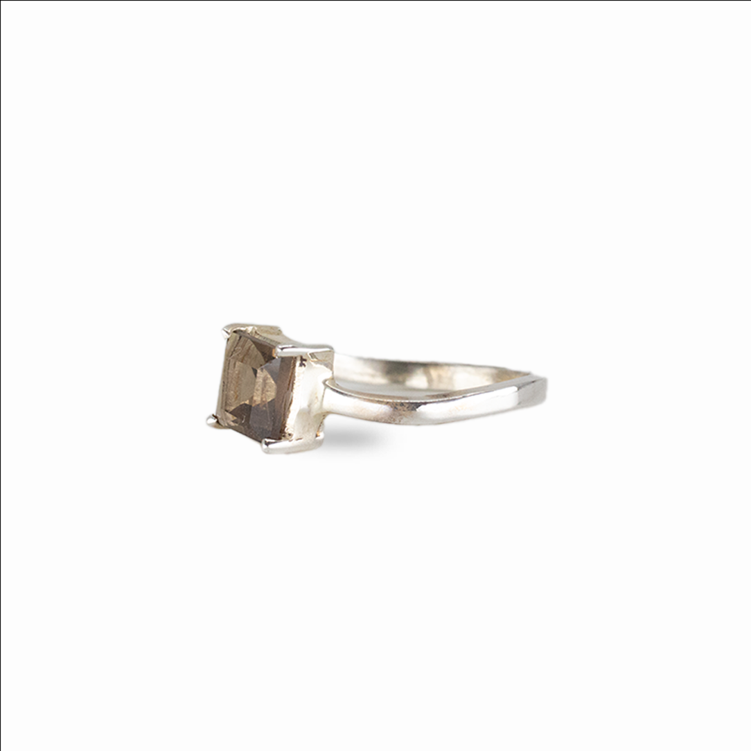 Square-cut Smoky Quartz gemstone ring in sterling silver with warm brown translucent stone on white background