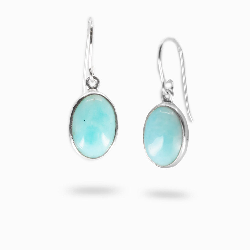 Oval Amazonite cabochon drop earrings in polished sterling silver bezel settings.