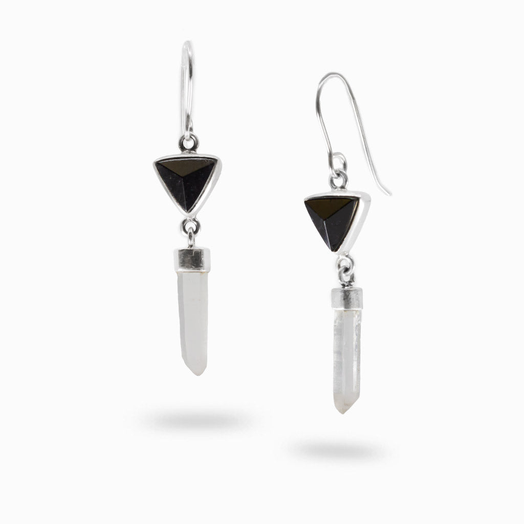 Black Tourmaline triangle and natural Laser Quartz point drop earrings in sterling silver.
