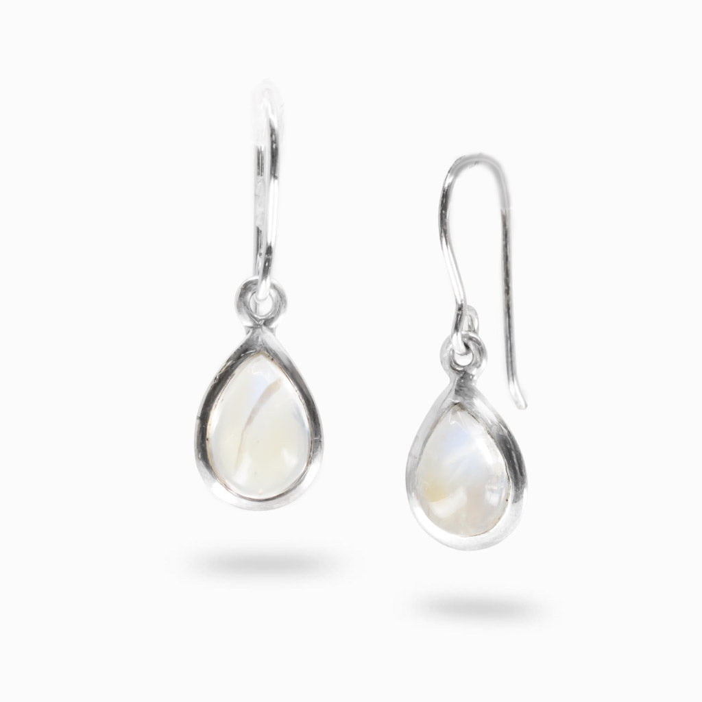 Teardrop Rainbow Moonstone cabochon sterling silver drop earrings.