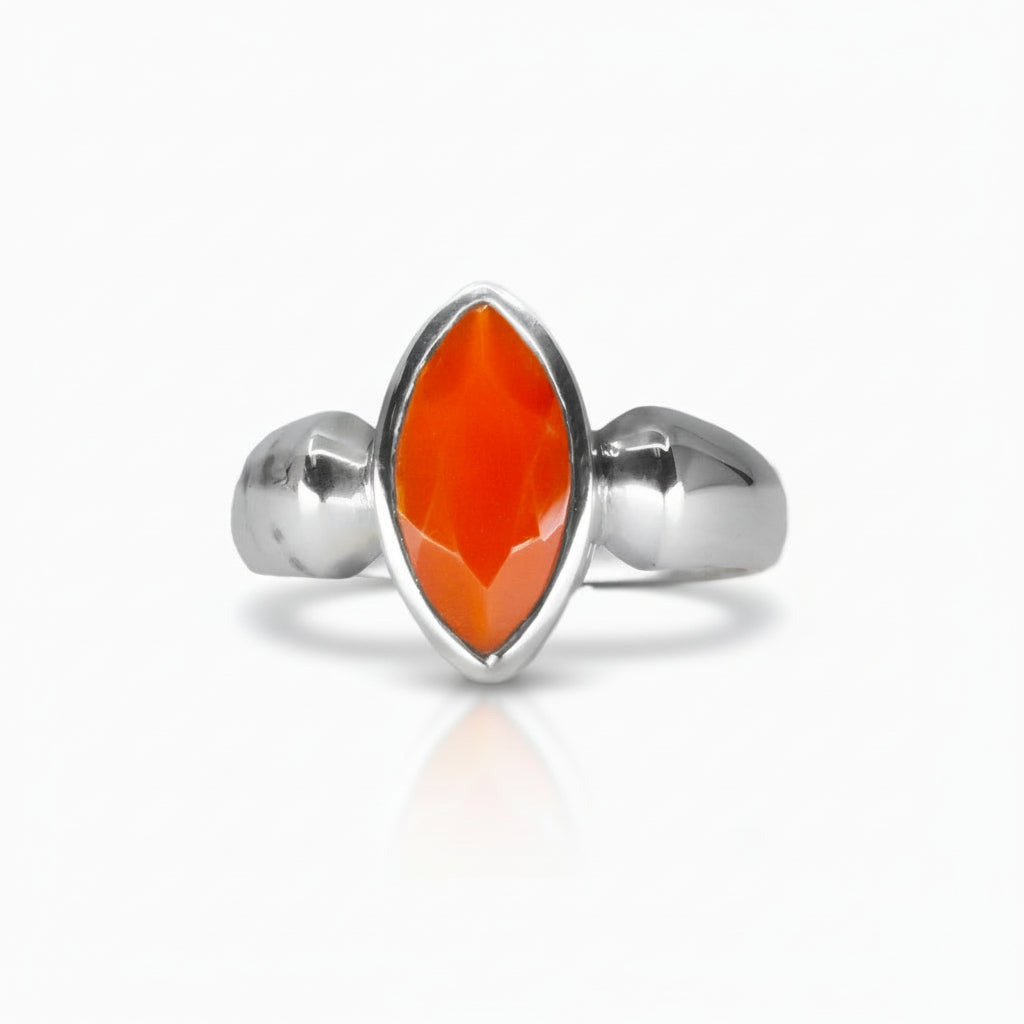Marquise Carnelian ring in sterling silver. A vibrant stone for creativity, confidence, vitality, and awakening personal power.| MADE IN EARTH