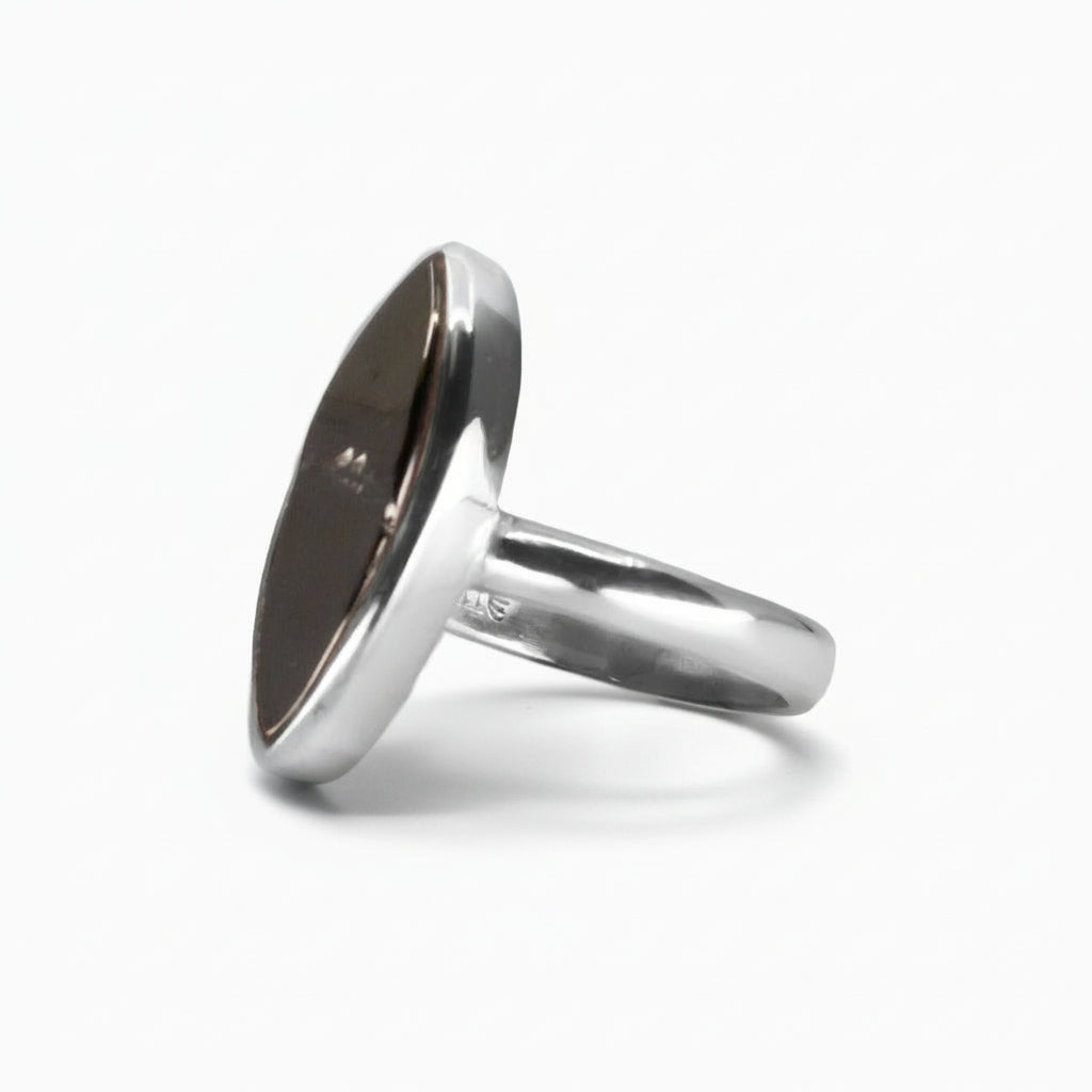 Marquise-cut polished Shungite ring in sterling silver with deep black glossy finish and natural mineral texture on a white background. | MADE IN EARTH