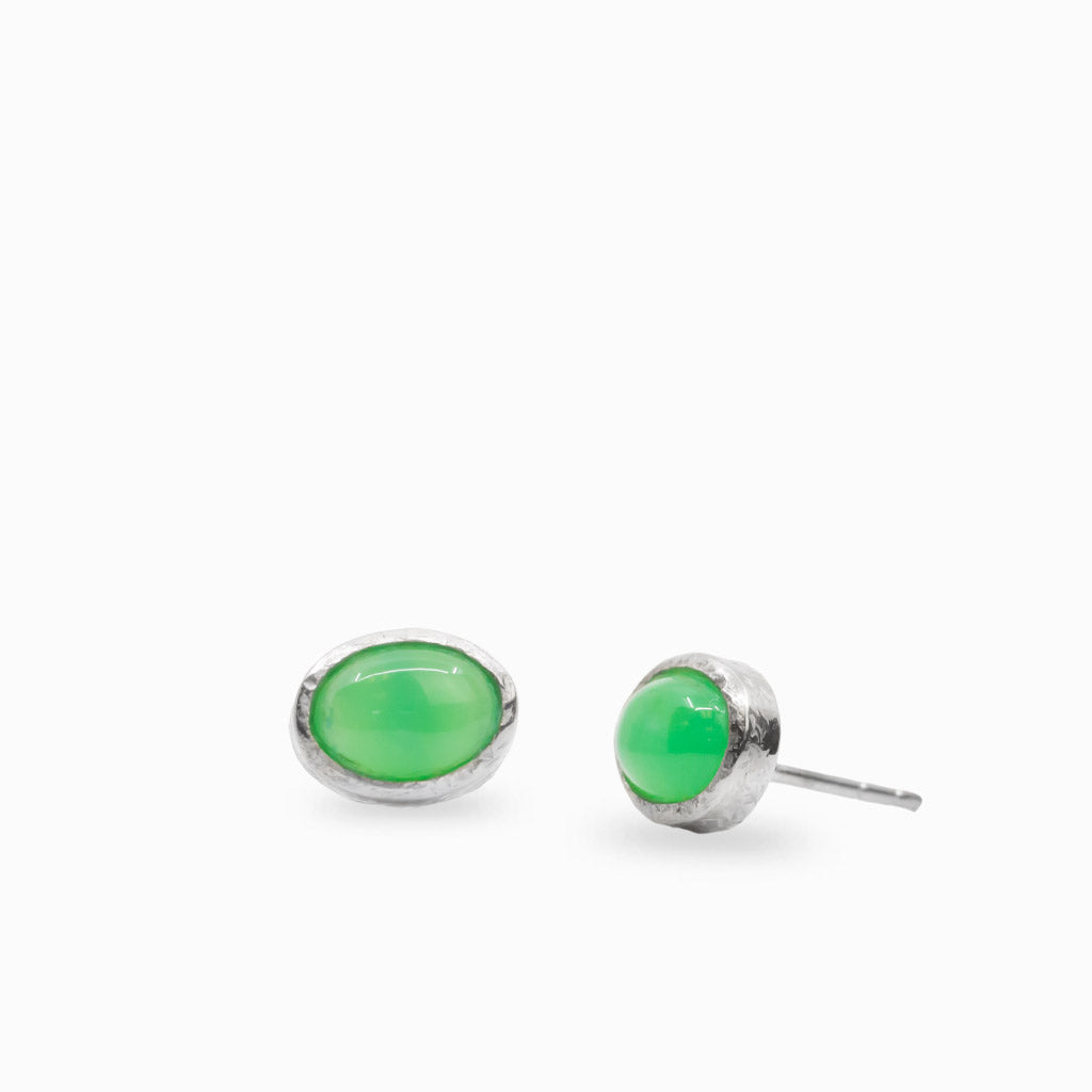 Oval green Chrysoprase cabochon stud earrings in textured 925 sterling silver bezel settings with luminous apple-green color.