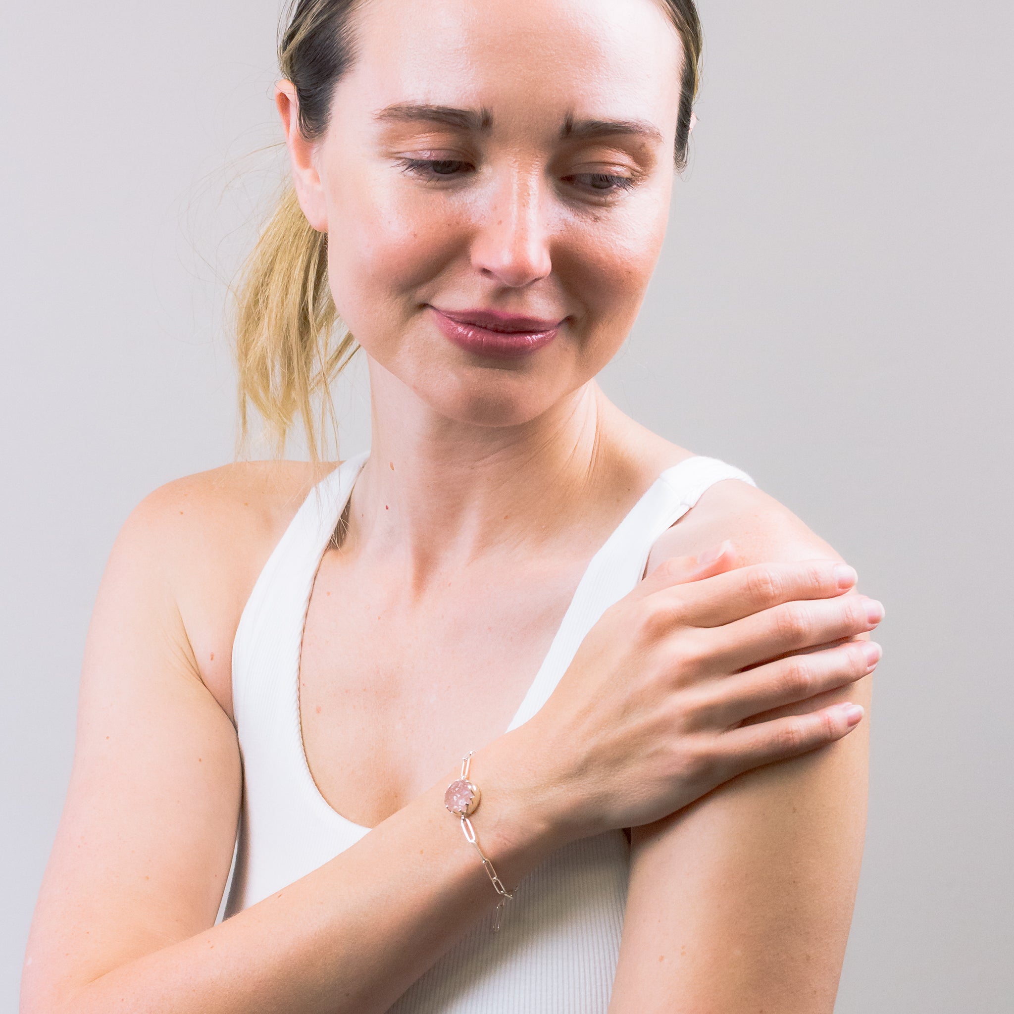 RAW ROSE QUARTZ BRACELET ON MODEL