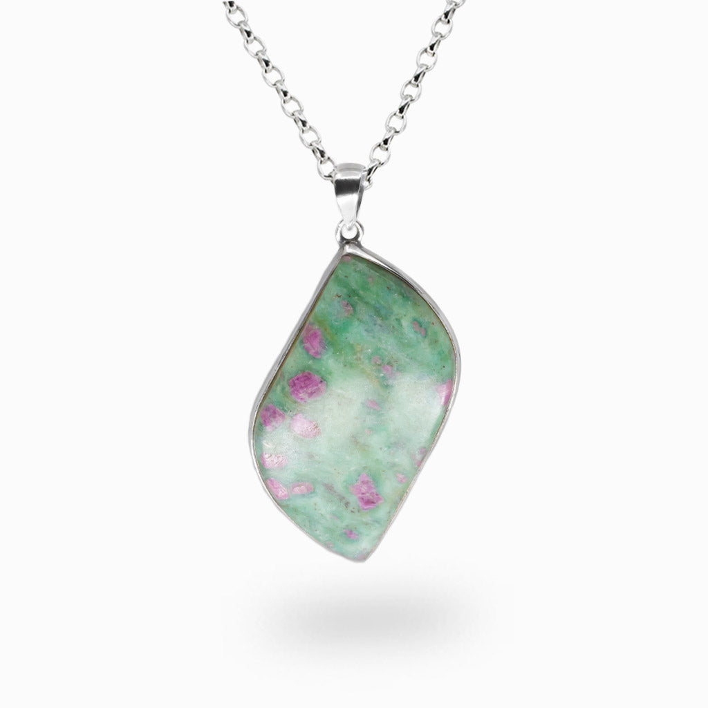 Organic-shaped Ruby Fuchsite pendant featuring magenta ruby crystals in a soft green matrix, set in polished sterling silver on a chain | MADE IN EARTH