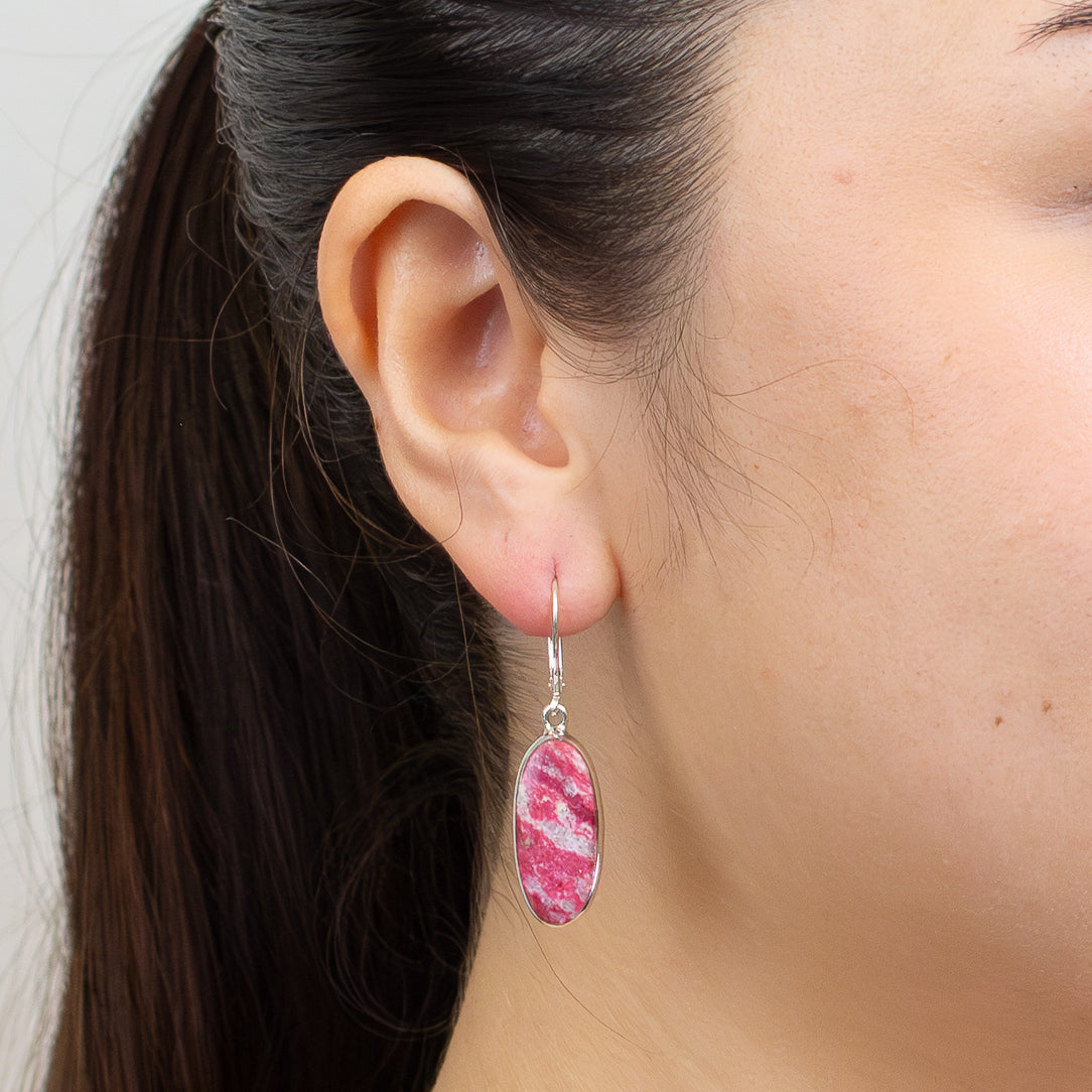 Thulite oval cabochon earrings in sterling silver with natural pink and cream marbled gemstone and lever-back hooks | MADE IN EARTH