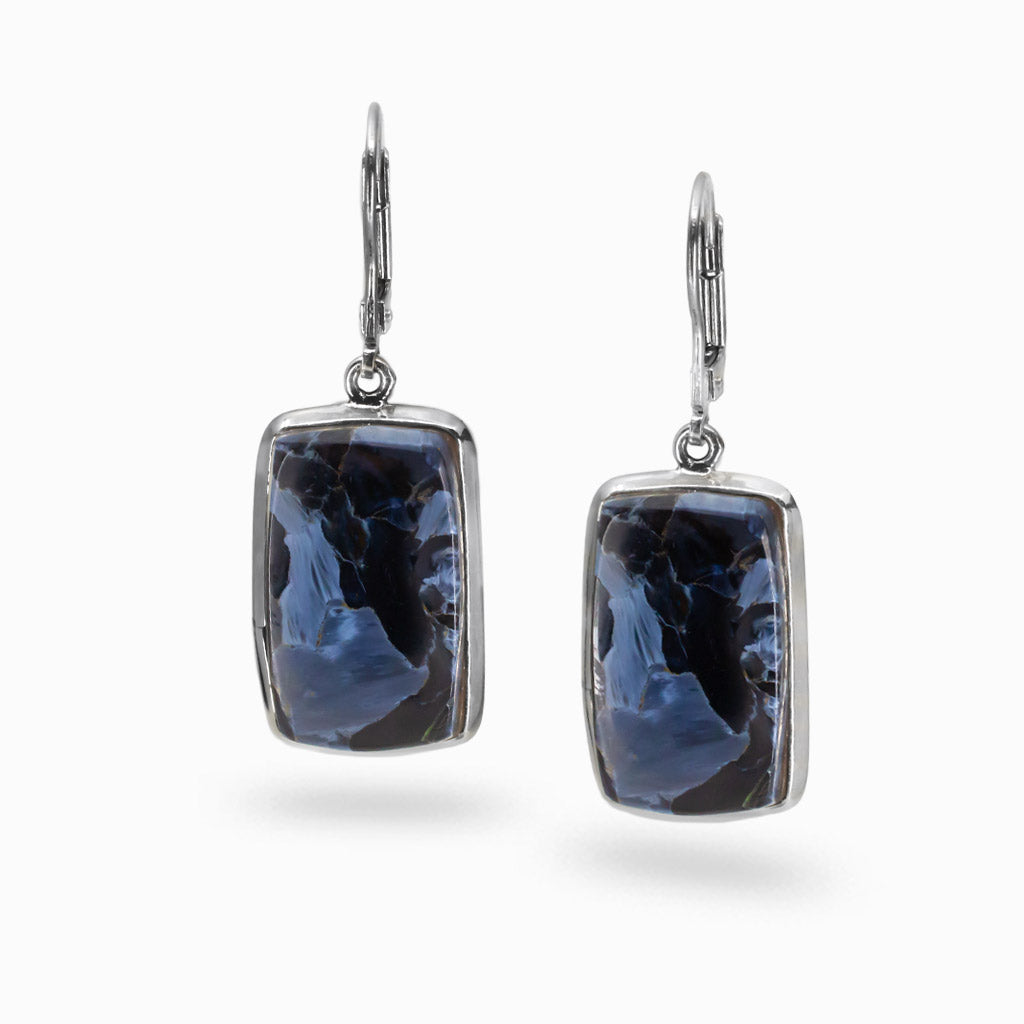 Rectangle pietersite cabochon earrings with stormy blue, charcoal, and bronze swirls set in sterling silver. | MADE IN EARTH