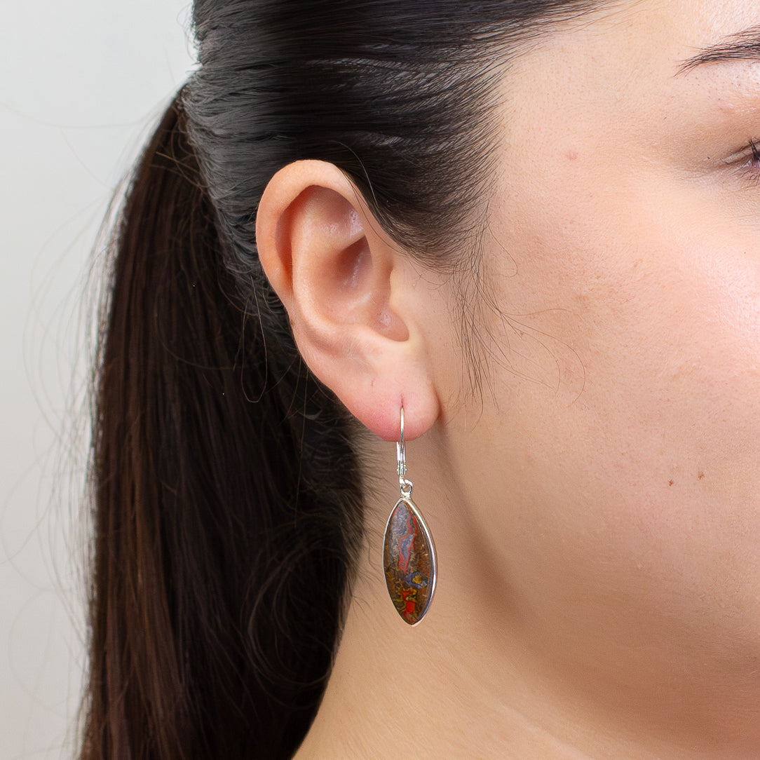 Moroccan seam agate marquise cabochon earrings with red and brown banding set in sterling silver lever-back hooks. | MADE IN EARTH
