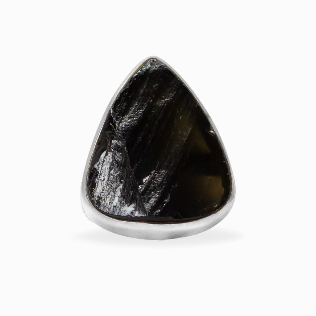 Freeform triangular Apache Obsidian ring in polished 925 sterling silver with a smooth bezel setting.