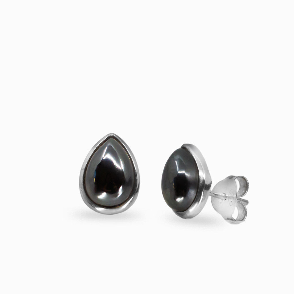 TEAR SHAPED HEMATITE BEZEL STUD EARRINGS | MADE IN EARTH