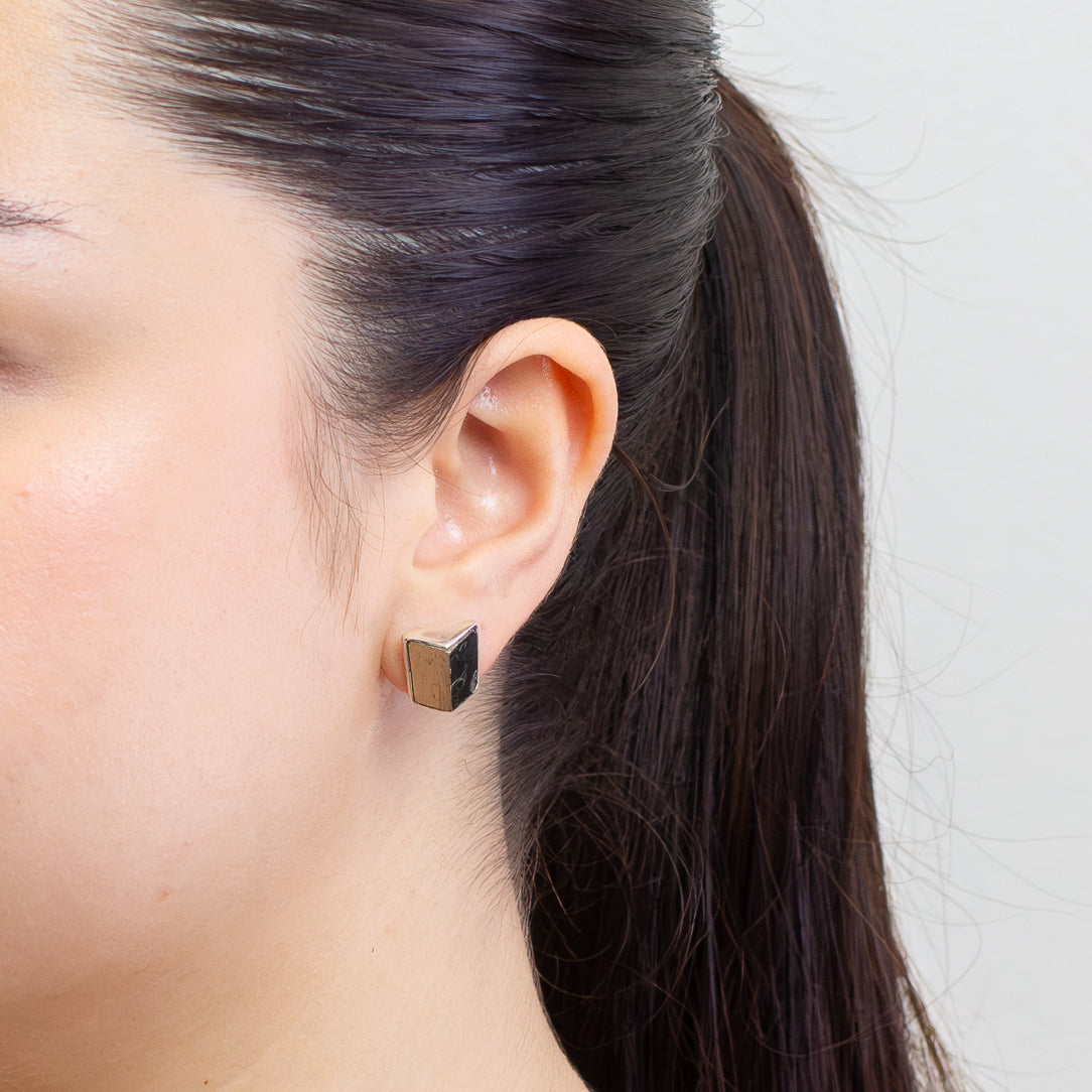 cube pyrite sterling silver stud earrings on model | made in earth 