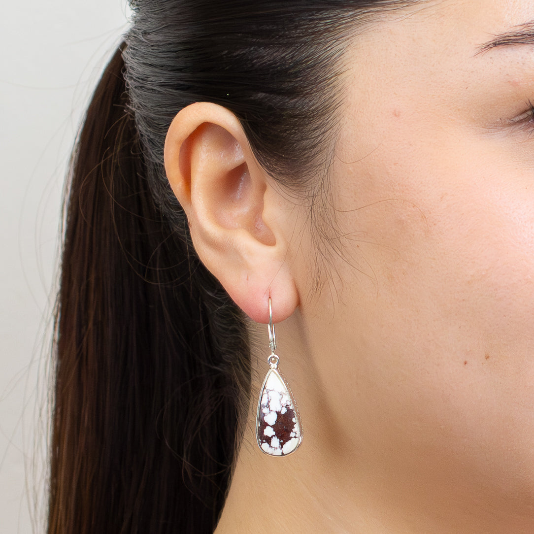 Wild Horse Magnesite teardrop earrings with brown and white marbled stone set in sterling silver