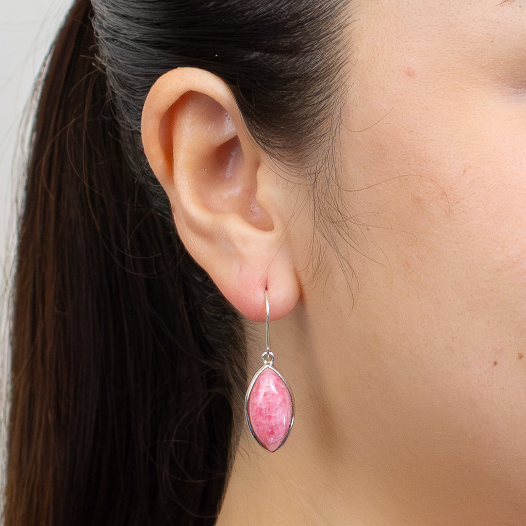 MARQUISE SHAPED RHODOCHROSITE CABOCHON DROP EARRINGS | MADE IN EARTH ON MODEL