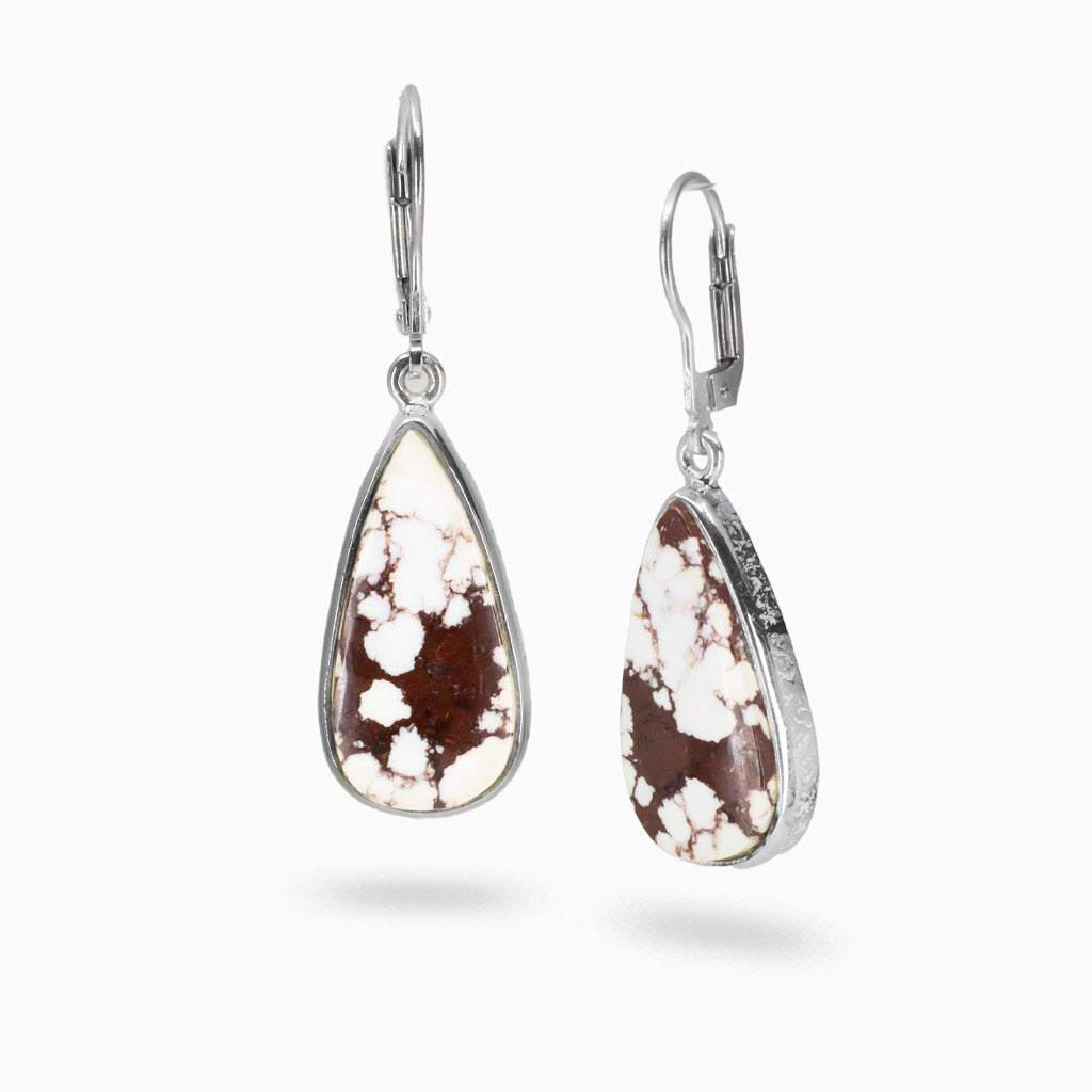 Wild Horse Magnesite teardrop earrings with brown and white marbled stone set in sterling silver