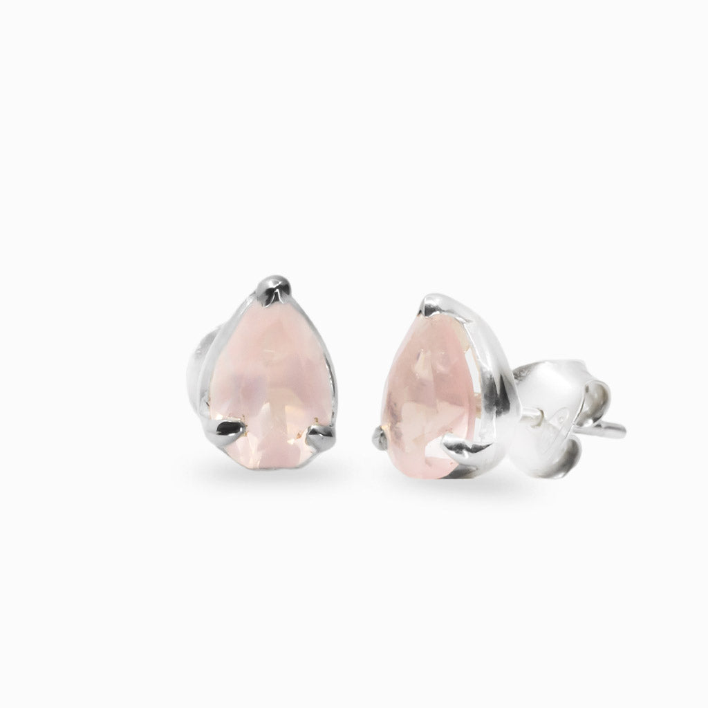 FACETED ROSE QUARTZ TEAR STUD EARRINGS 