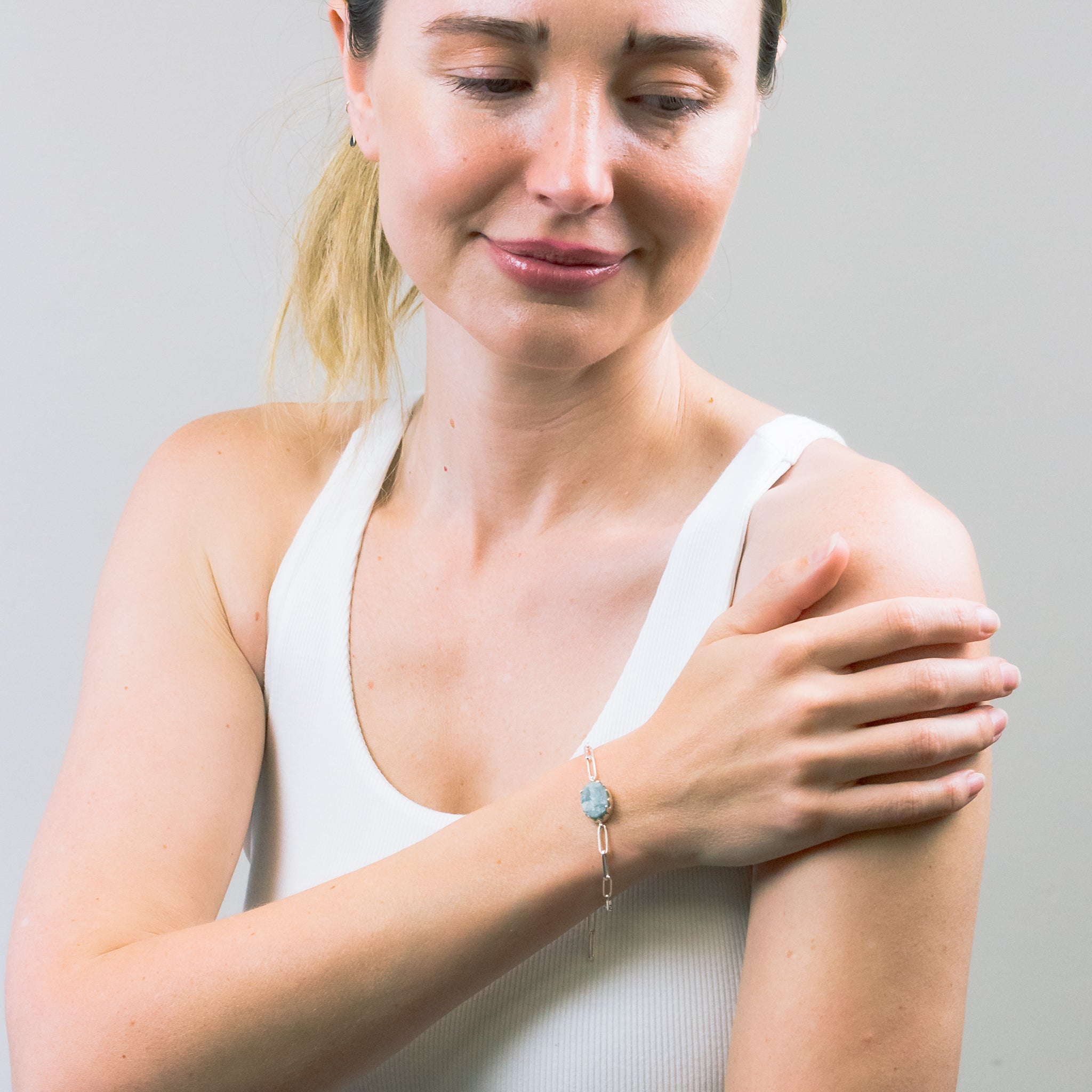 RAW AQUAMARINE BRACELET ON MODEL