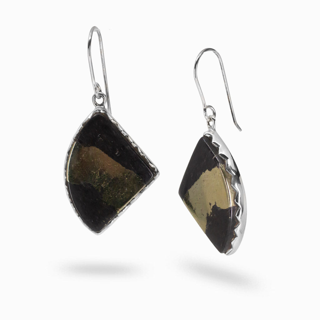 Apache Gold sterling silver earrings—black and gold cabochon drops offering grounding, clarity, and transformative, protective energy. | MADE IN EARTH