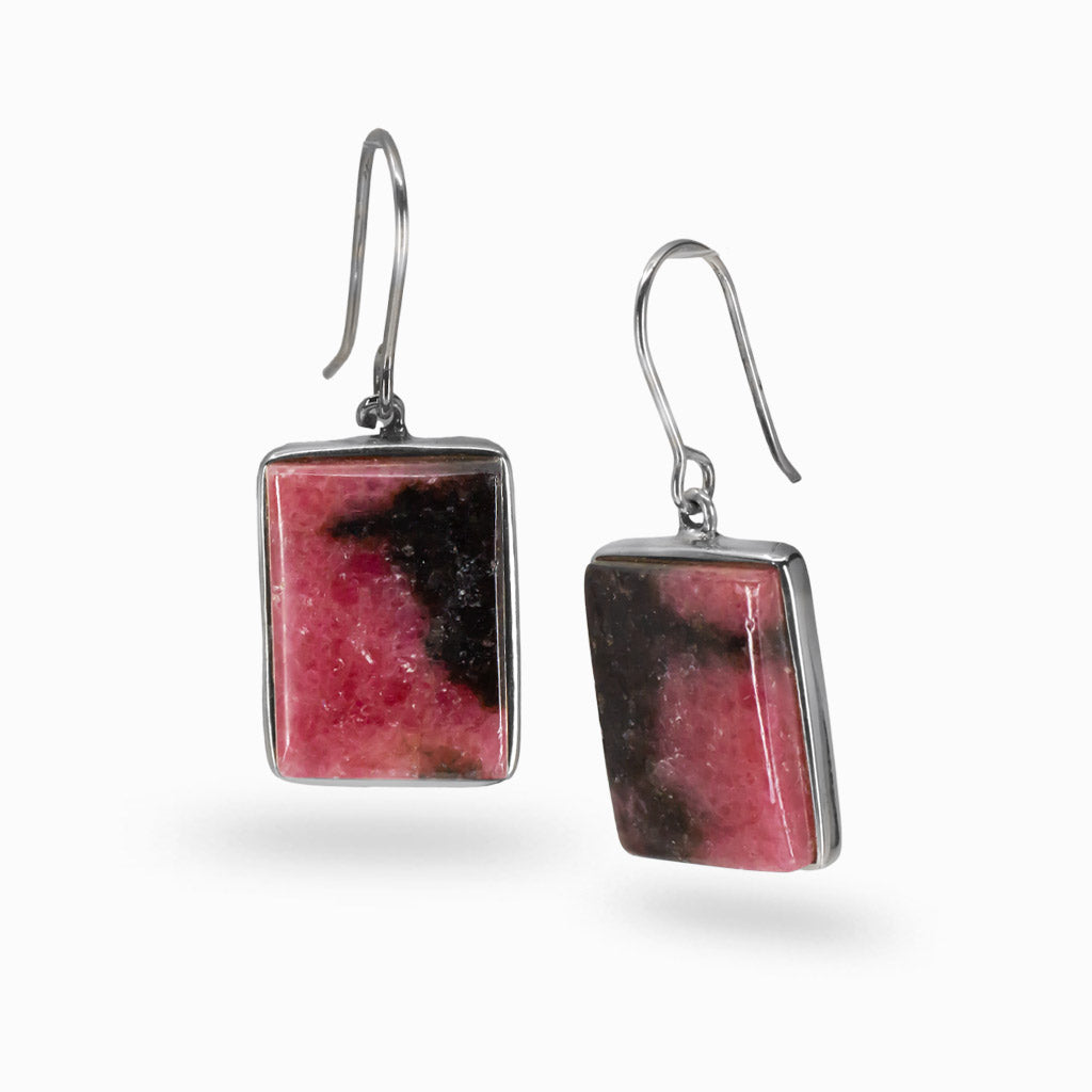 Rhodonite rectangular drop earrings in sterling silver with pink stone and black dendritic patterns. | MADE IN EARTH 