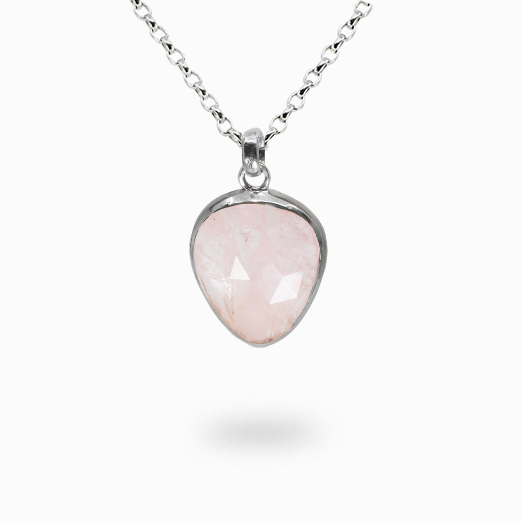 Faceted tear-shaped morganite necklace with pale pink gemstone set in sterling silver. | MADE IN EARTH