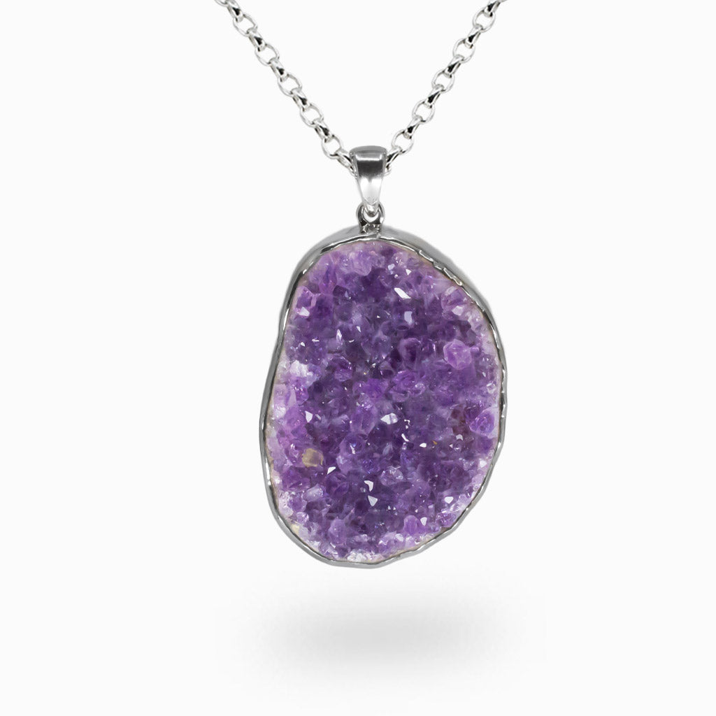 Oval amethyst druzy necklace with sparkling purple crystal clusters set in sterling silver.| MADE IN EARTH