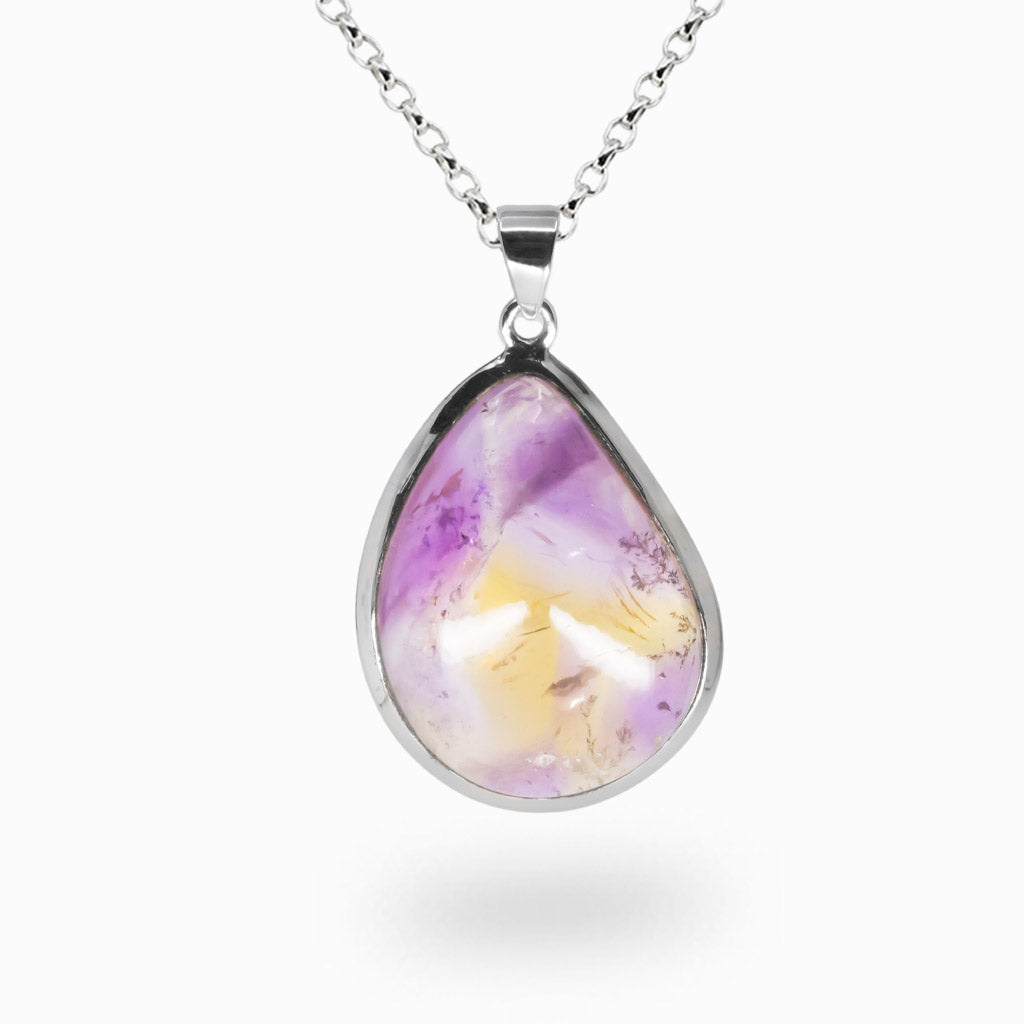 Ametrine teardrop cabochon necklace in sterling silver with natural purple and yellow color blending. | MADE IN EARTH