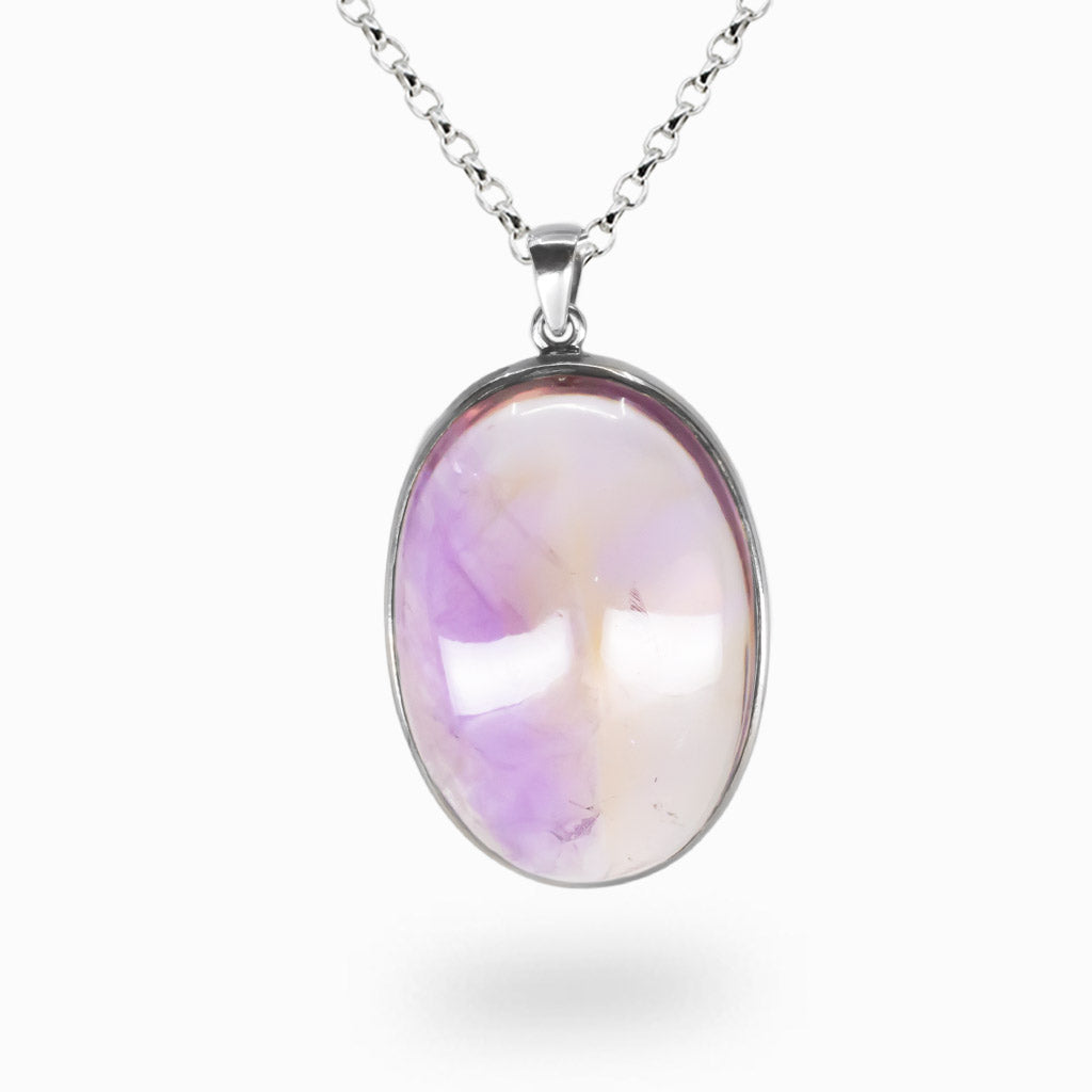 Oval ametrine cabochon necklace in sterling silver with soft violet and golden yellow color blending. | MADE IN EARTH