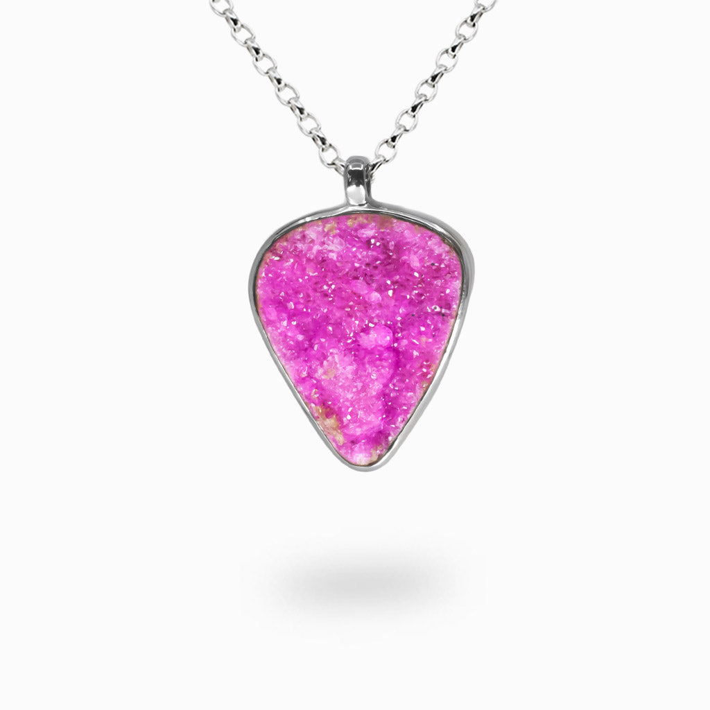 Hot pink Cobaltian Calcite druzy necklace set in sterling silver with sparkling crystal texture. | MADE IN EARTH