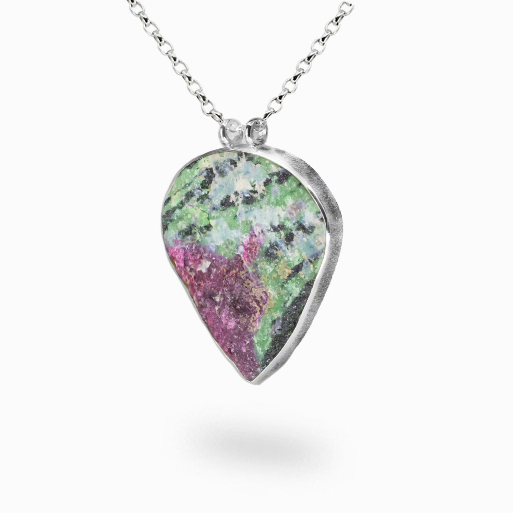 Ruby Zoisite heart-shaped crystal necklace with green zoisite and natural pink ruby set in sterling silver.| MADE IN EARTH