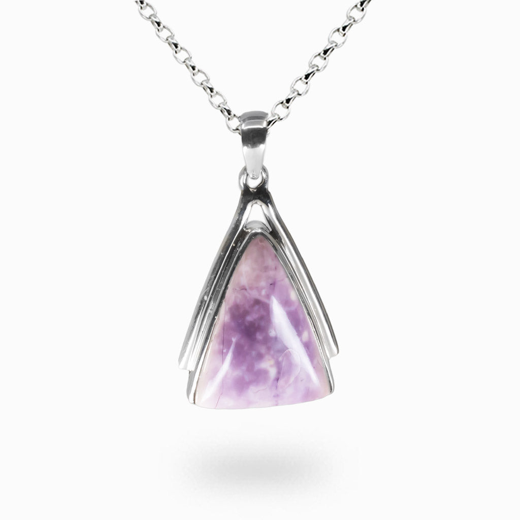 Triangle-shaped Tiffany Stone pendant with soft lavender and pastel marbling set in a polished sterling silver bezel on a silver chain. | MADE IN EARTH
