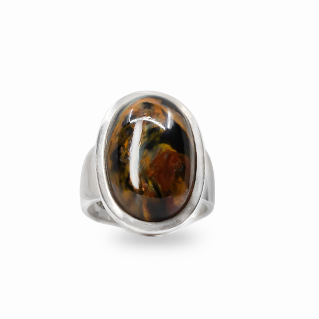 Oval Pietersite cabochon ring with golden and brown patterning in polished 925 sterling silver.