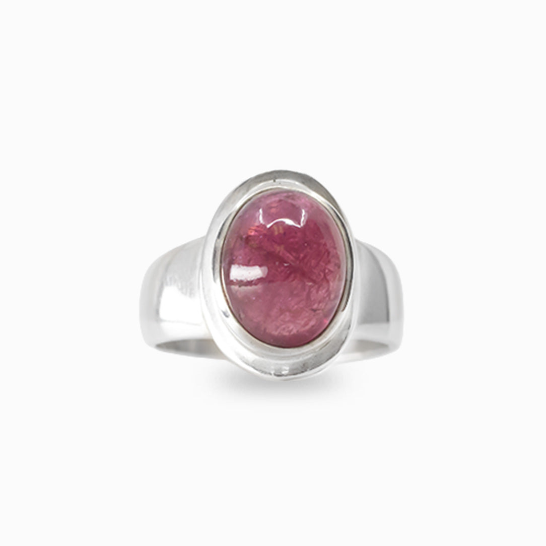 Oval Pink Tourmaline cabochon ring set in polished 925 sterling silver.