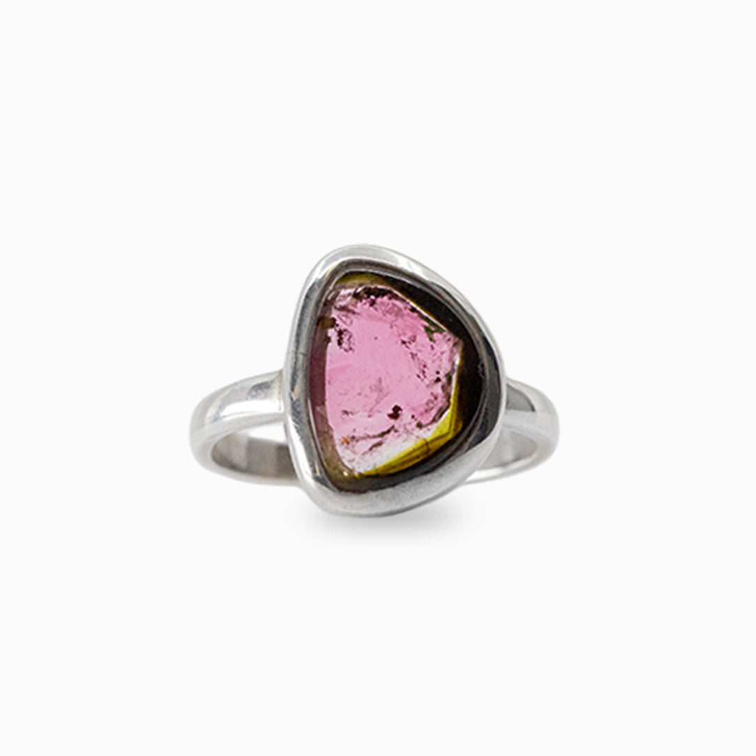 Asymmetrical Watermelon Tourmaline cabochon ring featuring pink and green hues in a polished 925 sterling silver bezel setting with a slender band.