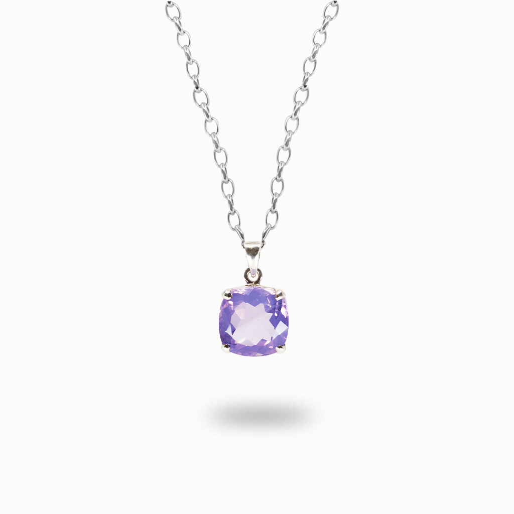 Lavender quartz cushion pendant necklace in sterling silver