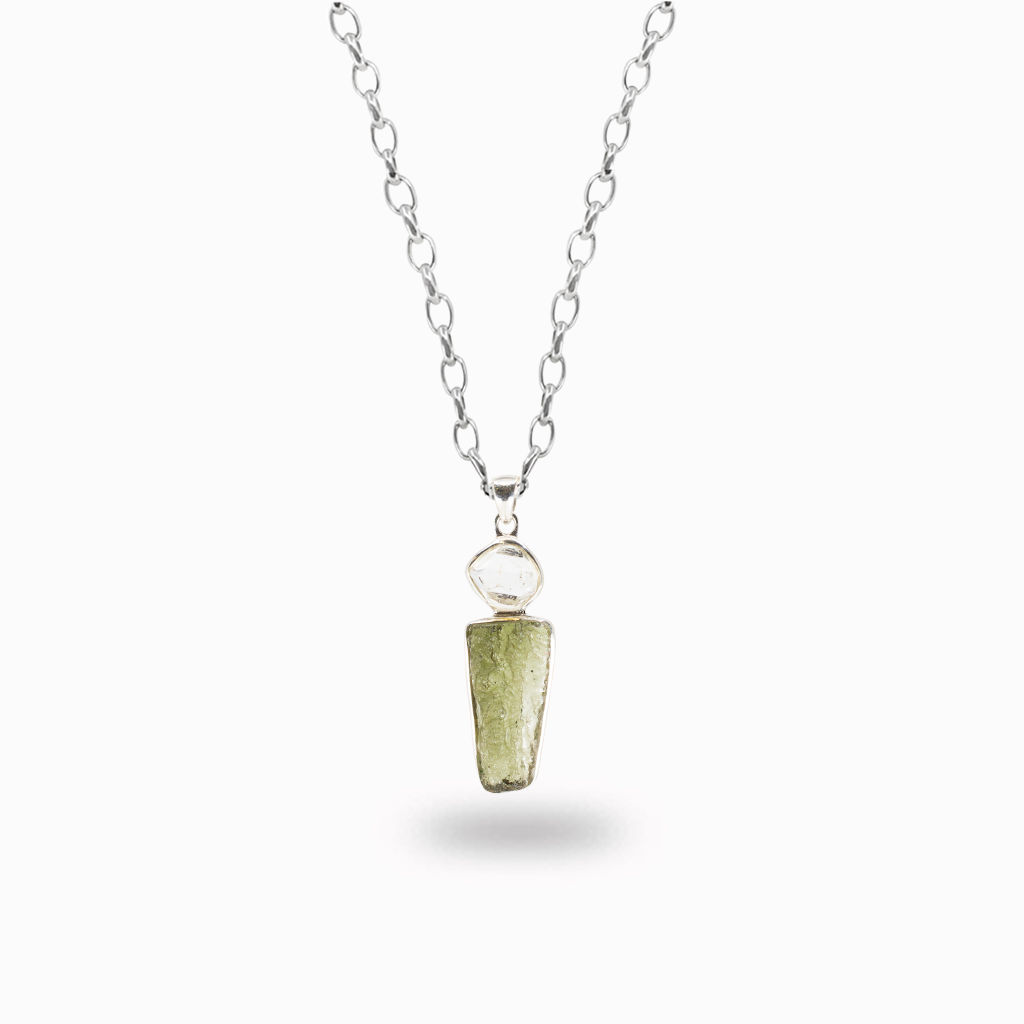 Raw Herkimer diamond and moldavite necklace in sterling silver