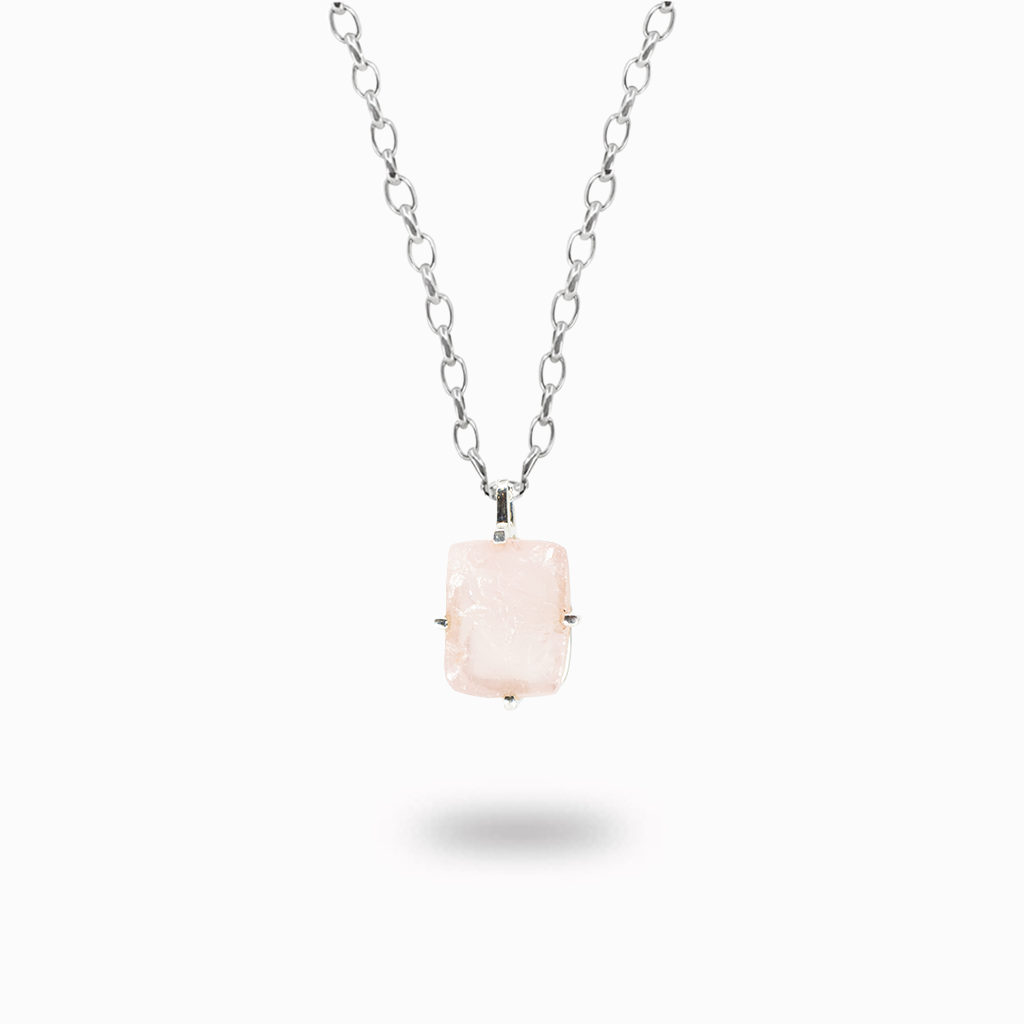Raw rose quartz pendant necklace in sterling silver