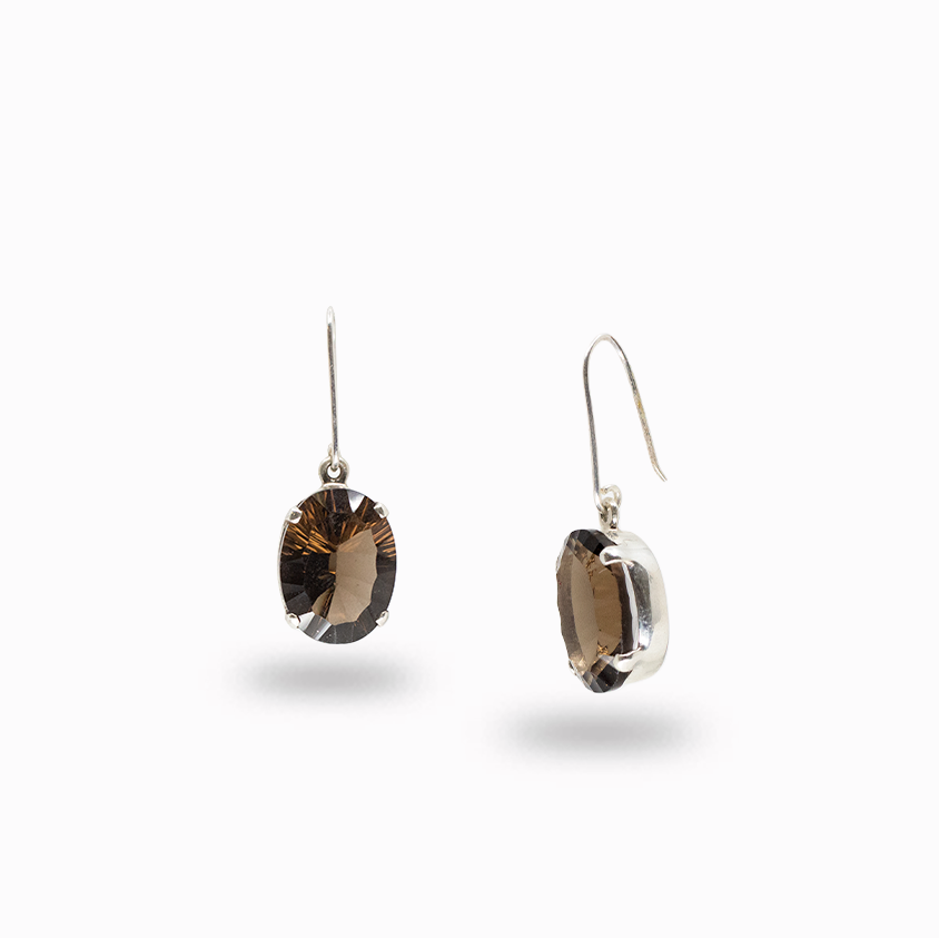 Oval faceted smokey quartz earrings in sterling silver