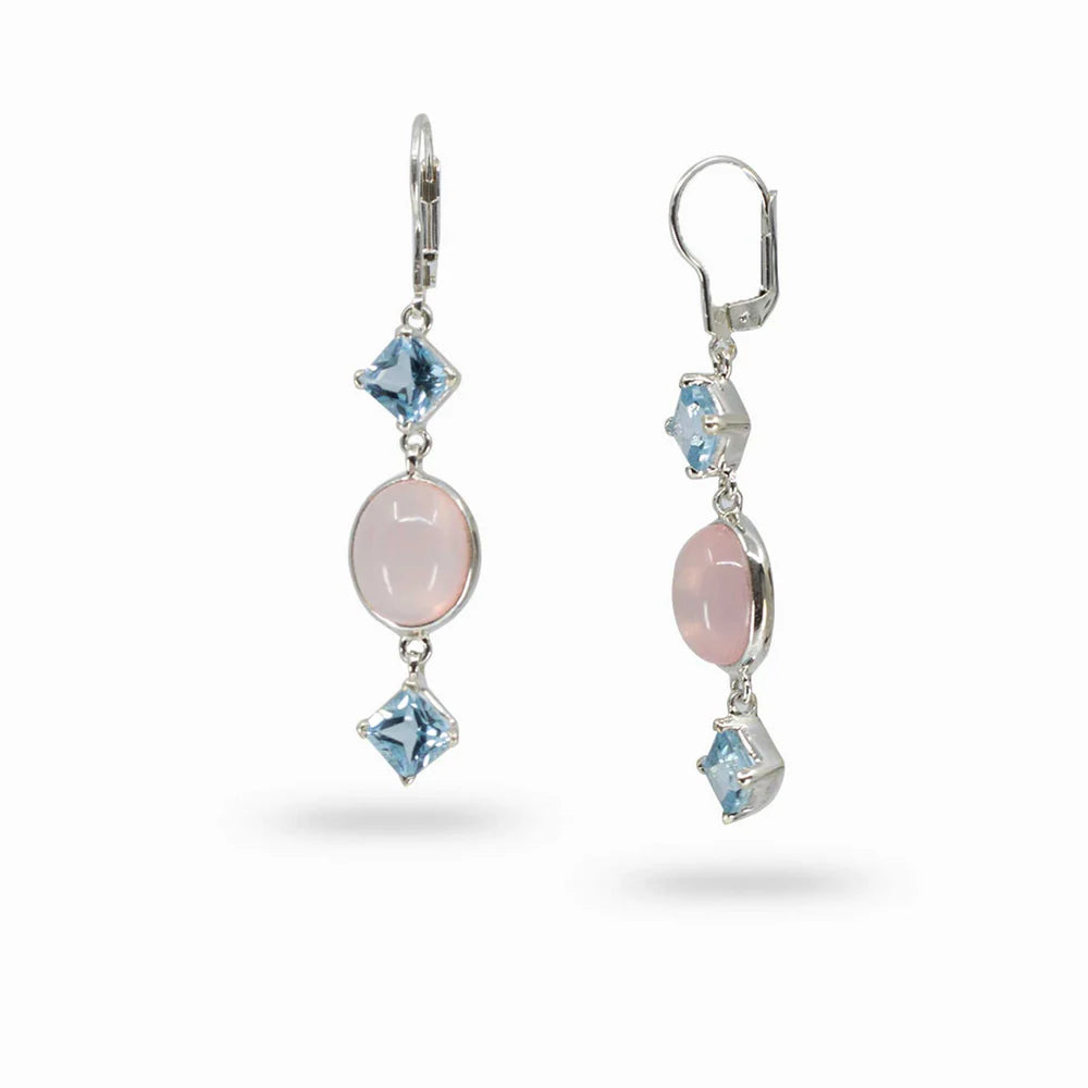 rose quartz blue topaz drop earrings sterling silver faceted topaz cabochon pink gemstone dangle earrings